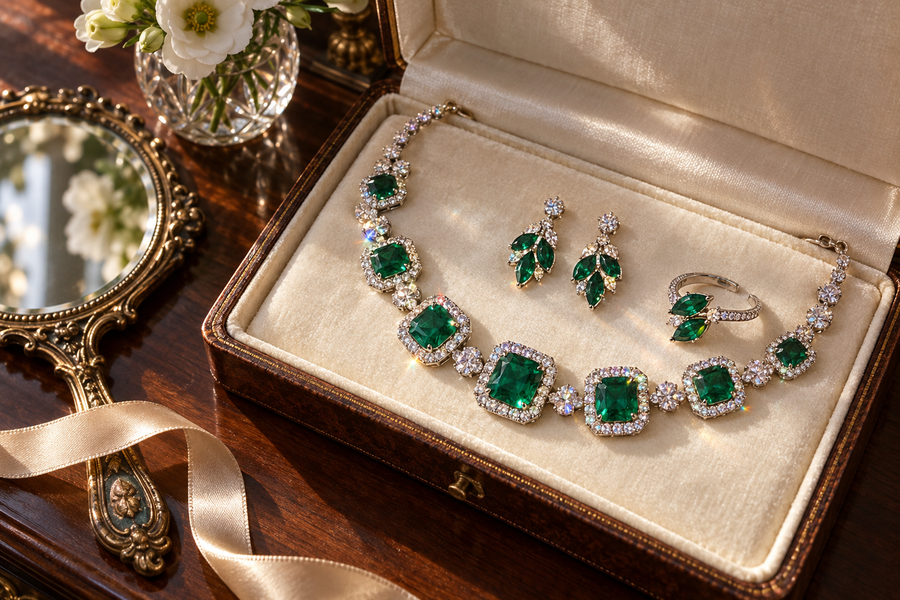 green jewelry set with necklace, drop earrings and adjustable ring in a velvet box