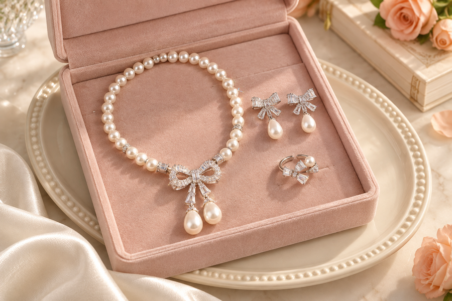 pearl jewelry set with necklace, drop earrings and adjustable ring in a velvet box