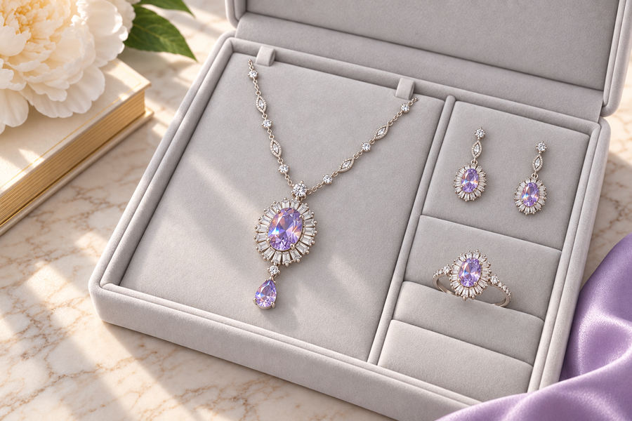 Oval lavender cubic zirconia necklace, drop earrings and ring in a light gray velvet box