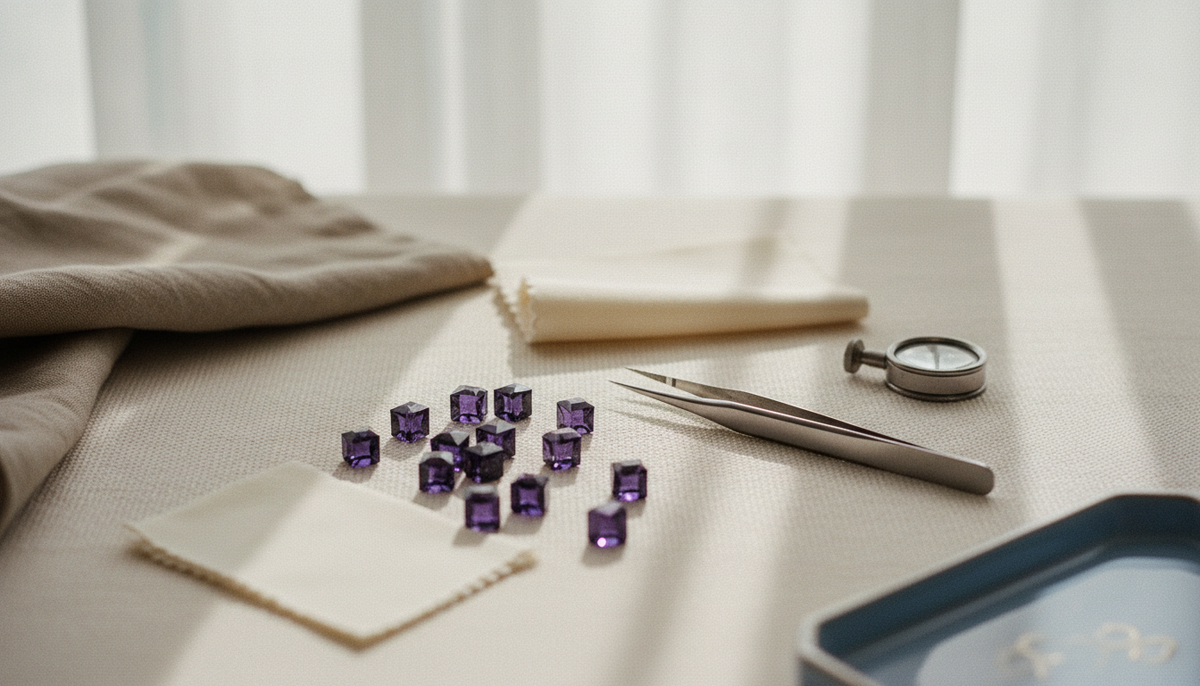 Purple square-cut stones with jeweler's tweezers and a loupe