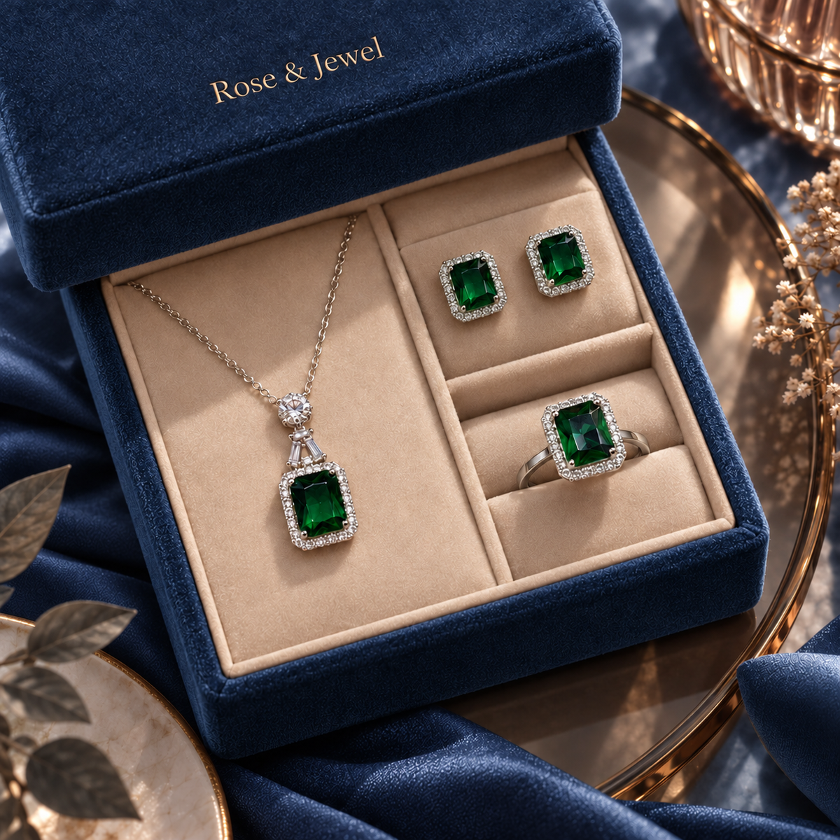 Emerald-green jewelry set in a navy velvet box
