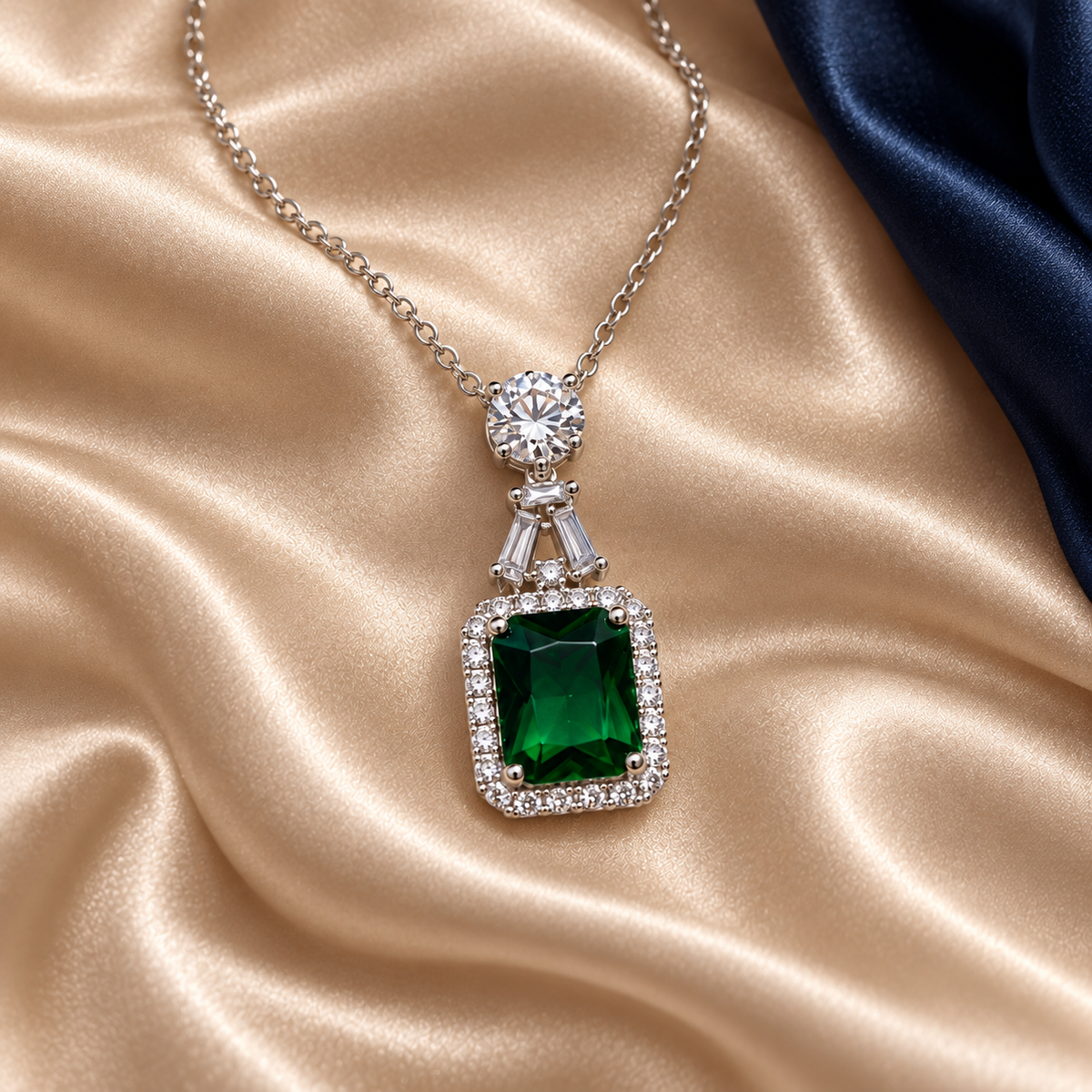 Emerald-green halo pendant necklace resting on champagne silk