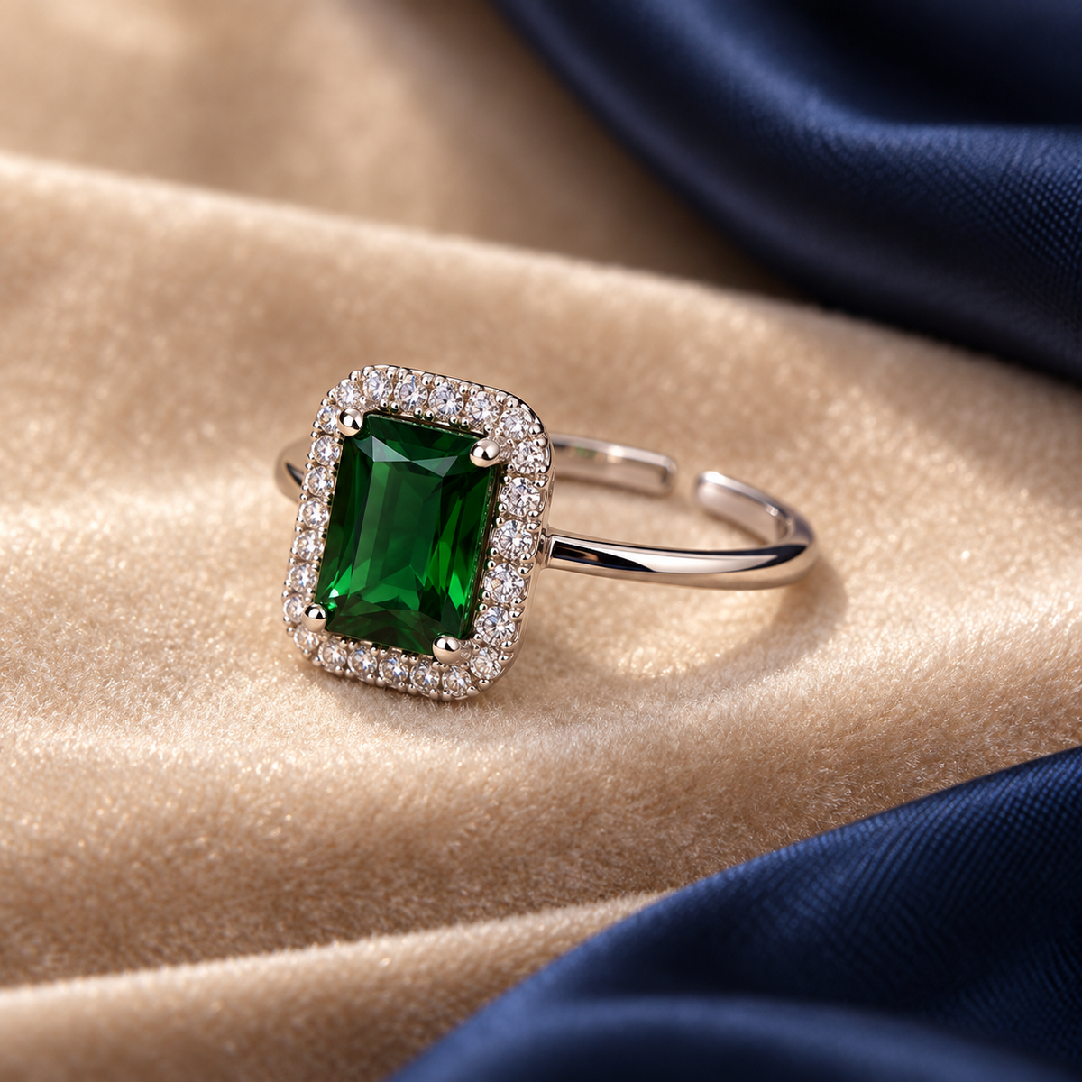 Close-up of the emerald-green halo adjustable open ring