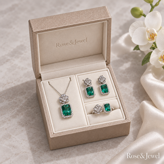Emerald-green rose jewelry set in a square champagne jewelry box