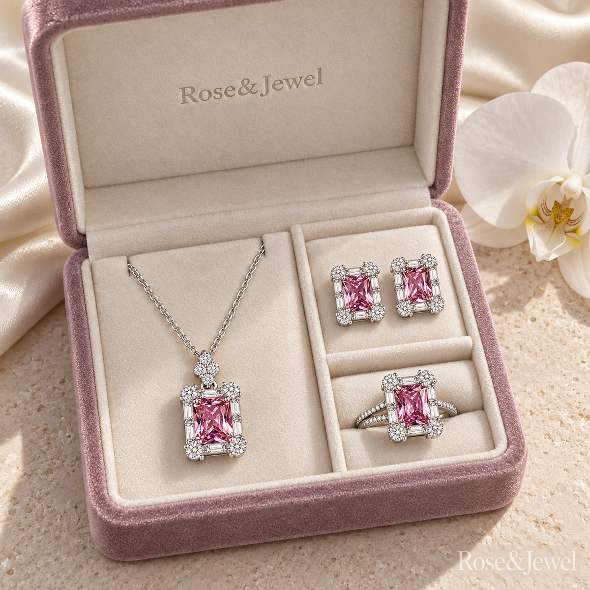 Pink rectangular cubic zirconia jewelry set in a dusty mauve velvet box
