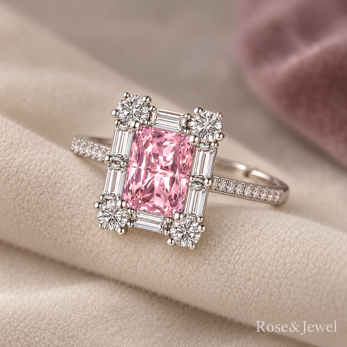 Pink rectangular adjustable ring with clear accents