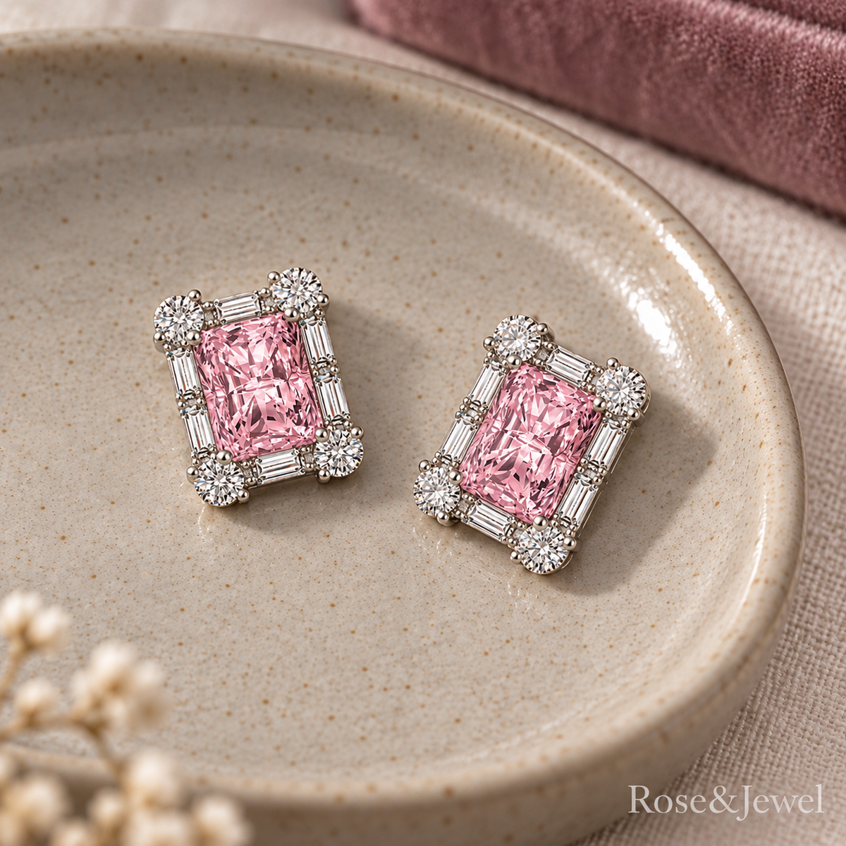 Pink rectangular stud earrings resting naturally in a ceramic dish