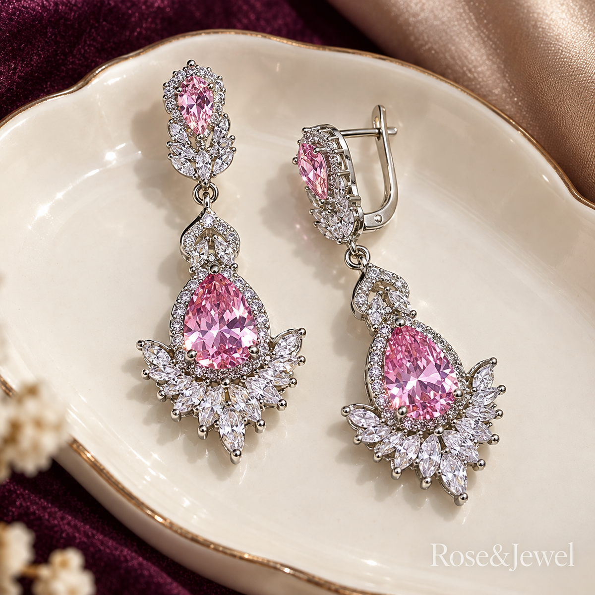 Pink Regalia drop earrings with leverback fastenings
