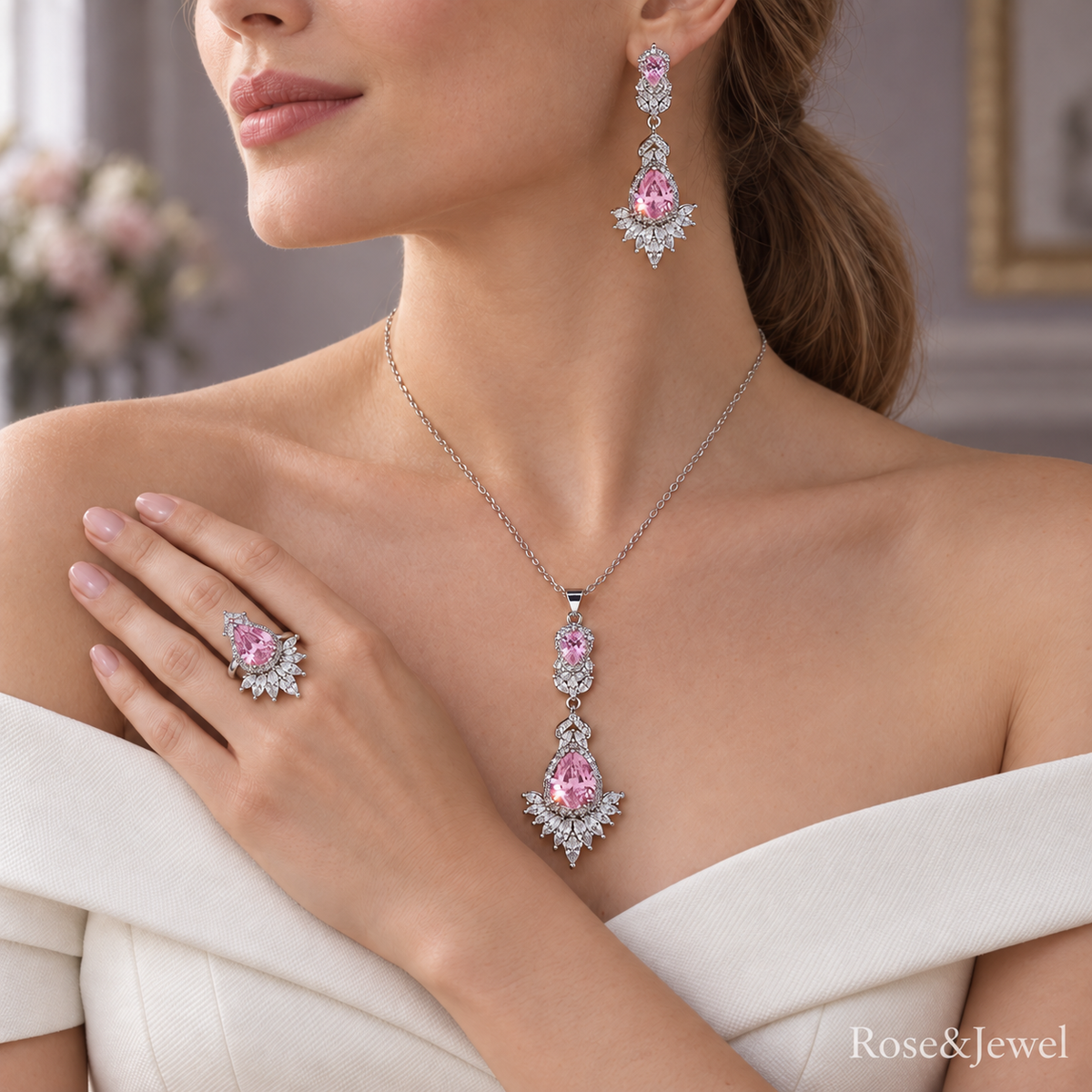 Pink Regalia necklace, earrings and adjustable ring worn together