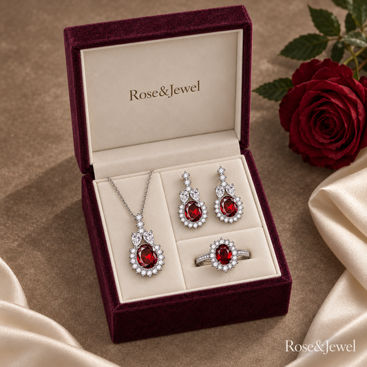 Red oval cubic zirconia jewelry set in a square plum velvet box