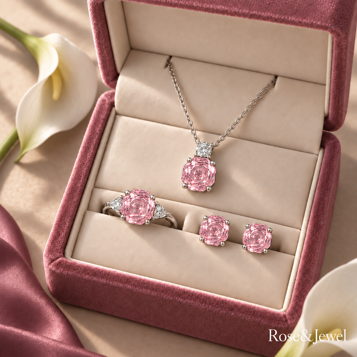 Pink rose-pattern octagonal jewelry box