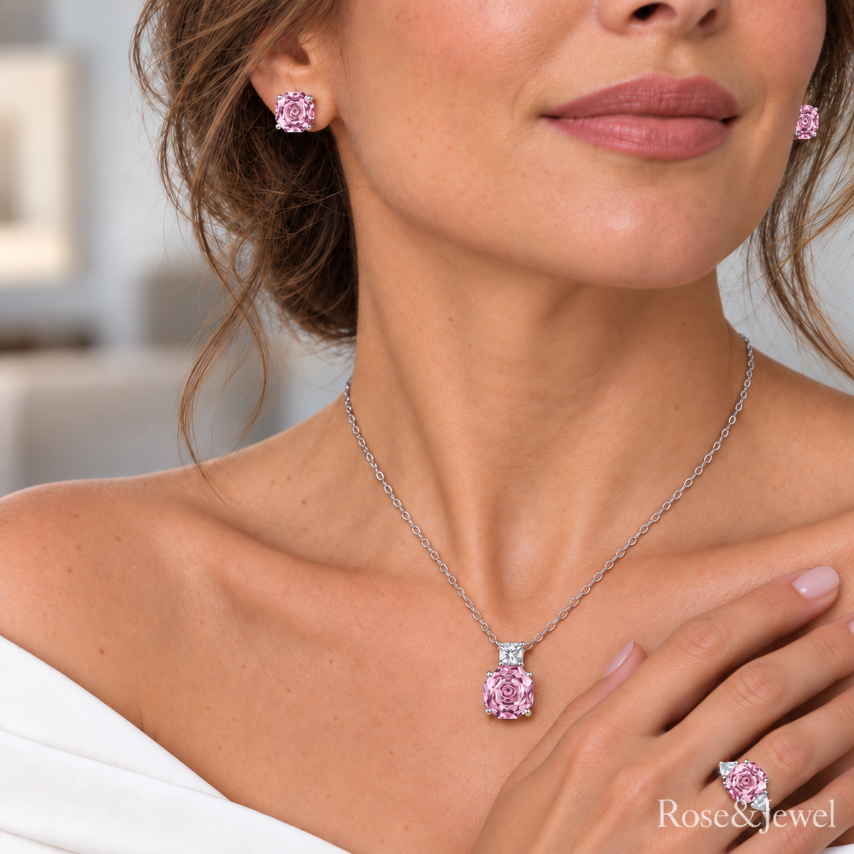 Pink rose-pattern octagonal jewelry model