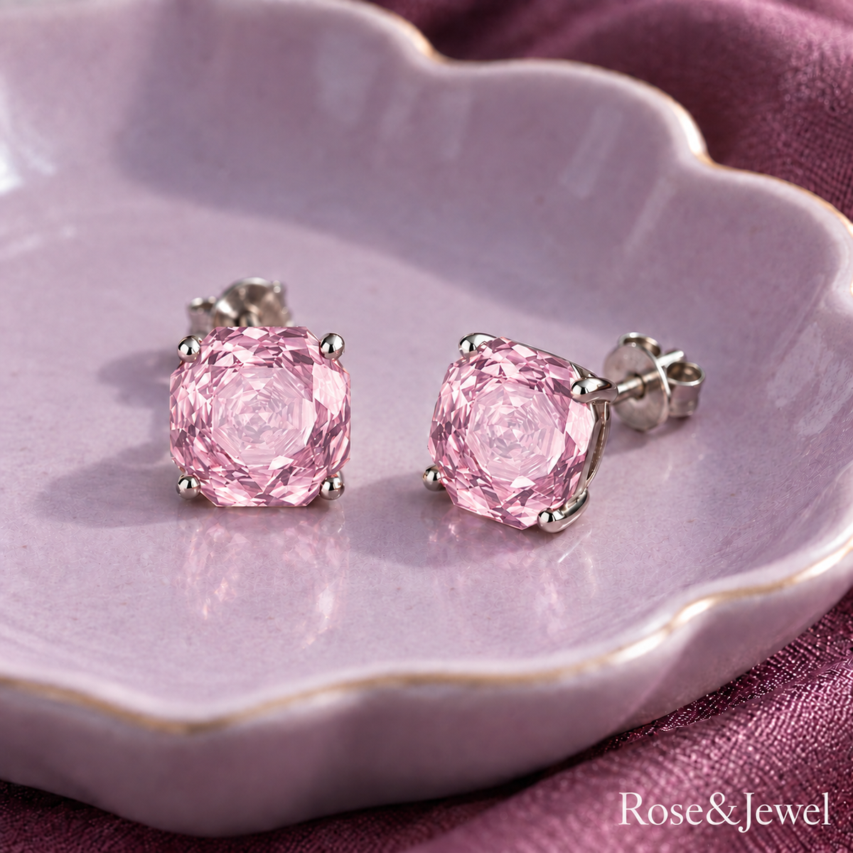 Pink rose-pattern octagonal jewelry studs