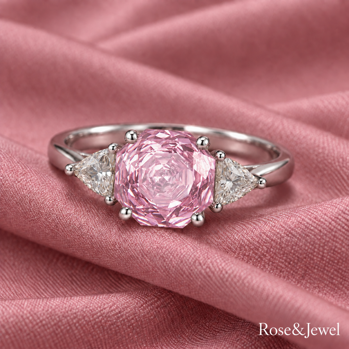 Pink rose-pattern octagonal jewelry ring