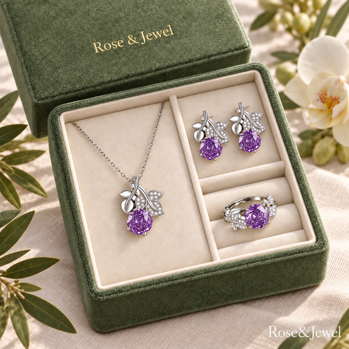 Purple rose and leaf jewelry set in a sage green square velvet box with Rose & Jewel branding