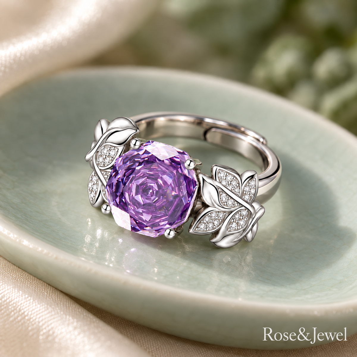 Purple rose and leaf ring
