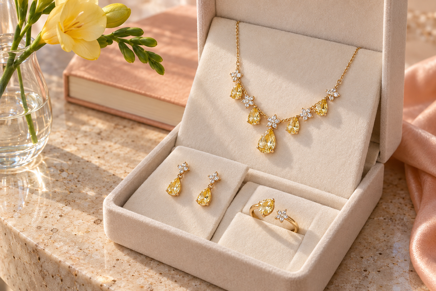 apr cubic zirconia necklace earrings and adjustable ring in a light velvet box
