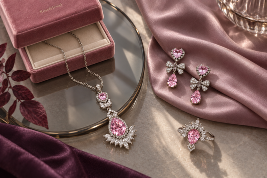 Pink jewelry arranged around a rose velvet box with plum silk and a smoked glass tray