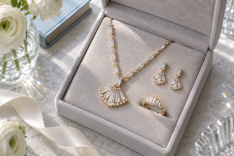 jan coordinated cubic zirconia necklace earrings and adjustable ring in a light velvet box