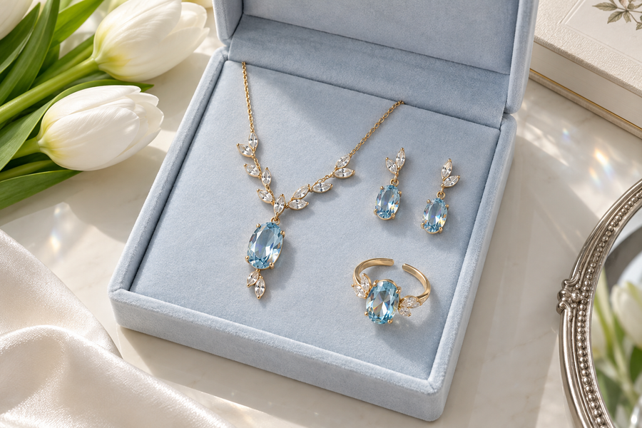 mar cubic zirconia necklace earrings and adjustable ring in a light velvet box
