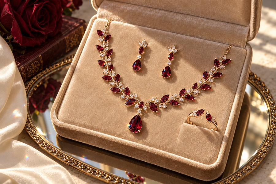 red jewelry set with necklace, drop earrings and adjustable ring in a velvet box