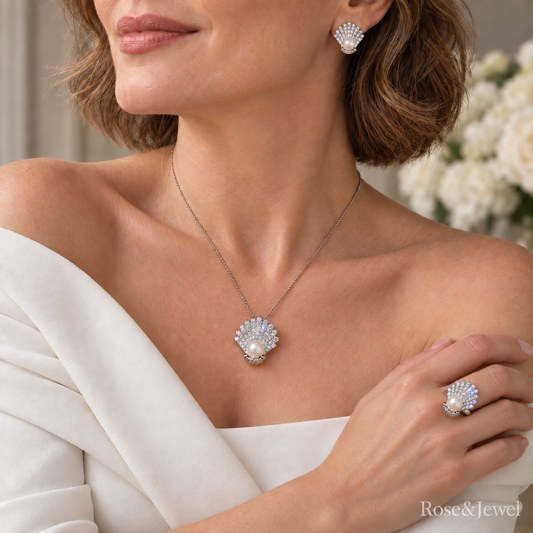 Scallop shell natural pearl and cubic zirconia necklace, earrings and adjustable ring worn with an ivory dress