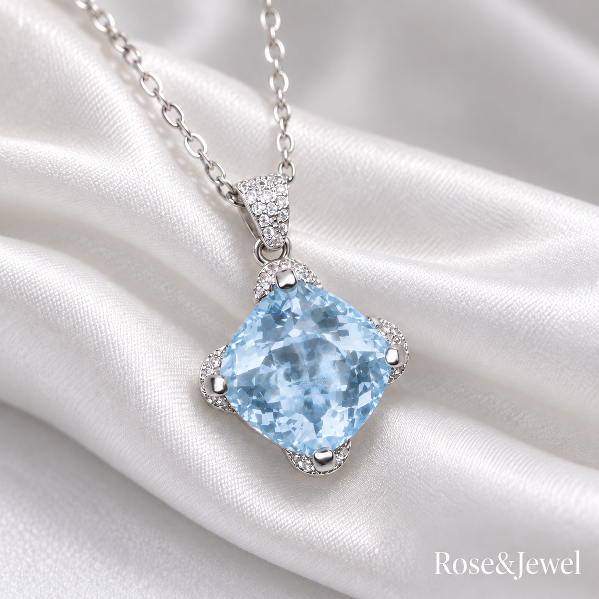 Light blue cushion pendant with soft natural reflections