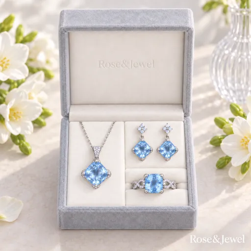 Blue cushion-shaped necklace, earrings and ring arranged in a presentation box