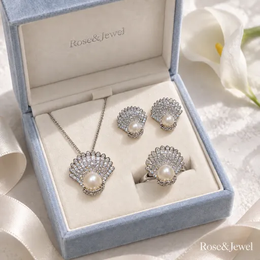 Scallop-shell necklace, earrings and ring with white accents arranged in a presentation box